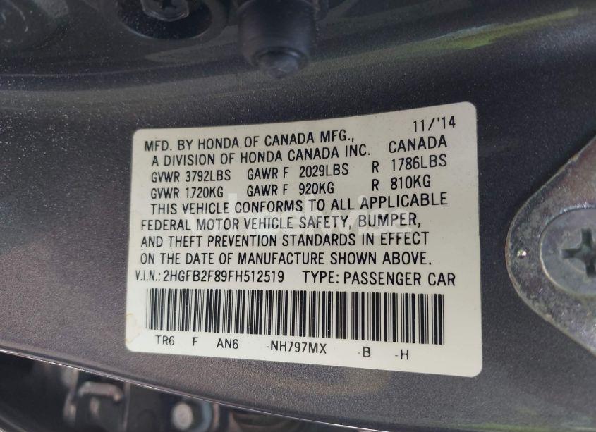 Photo 9 of 2015 Honda Civic EX (VIN 2HGFB2F89FH512519)