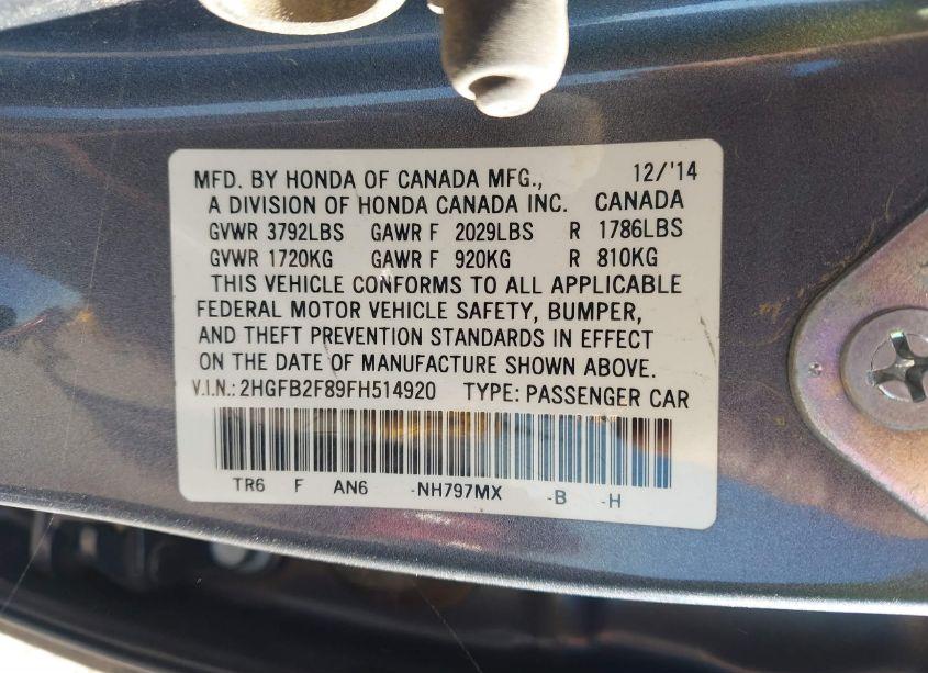 Photo 9 of 2015 Honda Civic EX (VIN 2HGFB2F89FH514920)