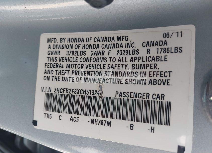 Photo 9 of 2012 Honda Civic EX (VIN 2HGFB2F8XCH513240)