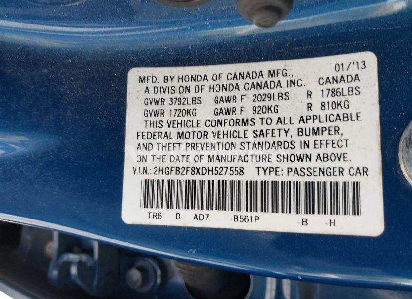 Photo 9 of 2013 Honda Civic EX (VIN 2HGFB2F8XDH527558)