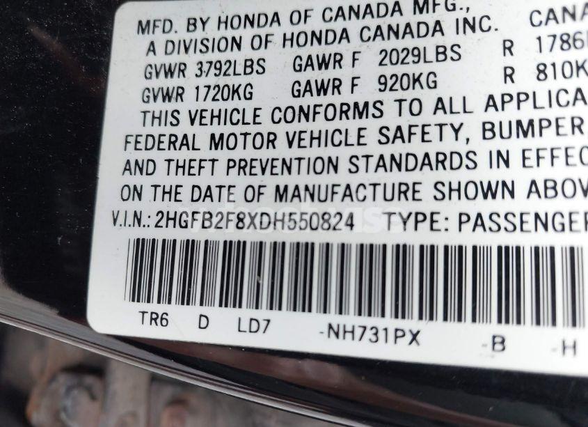 Photo 9 of 2013 Honda Civic EX (VIN 2HGFB2F8XDH550824)