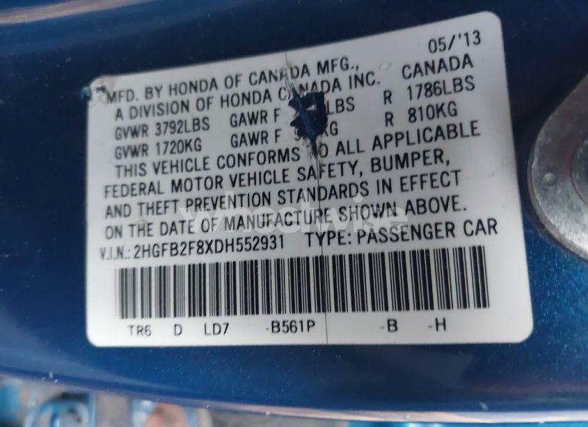 Photo 9 of 2013 Honda Civic EX (VIN 2HGFB2F8XDH552931)