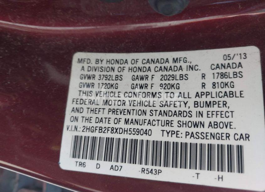 Photo 9 of 2013 Honda Civic EX (VIN 2HGFB2F8XDH559040)