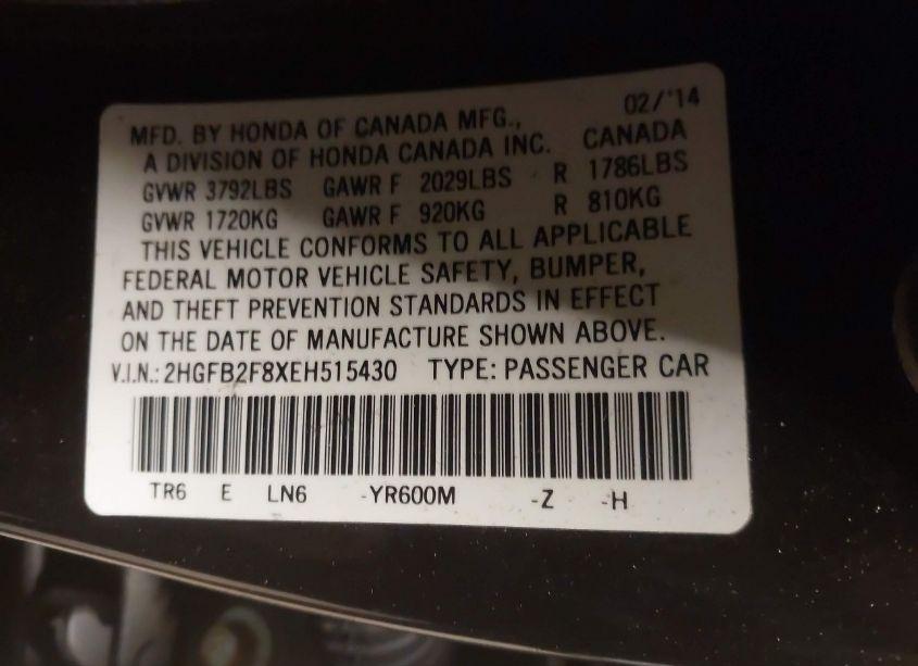 Photo 9 of 2014 Honda Civic EX (VIN 2HGFB2F8XEH515430)