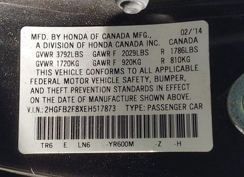 Photo 8 of 2014 Honda Civic EX (VIN 2HGFB2F8XEH517873)