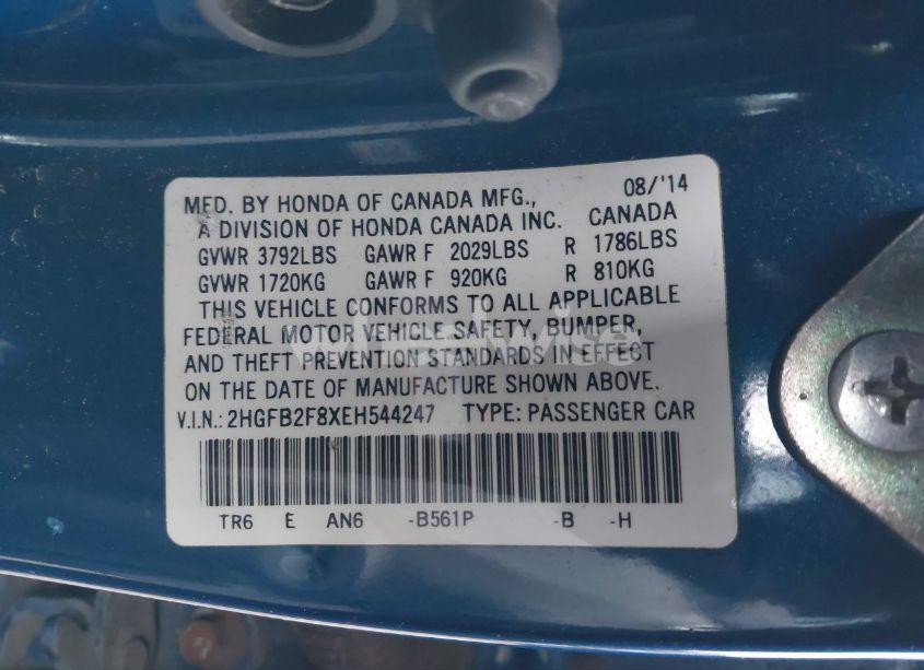 Photo 9 of 2014 Honda Civic EX (VIN 2HGFB2F8XEH544247)