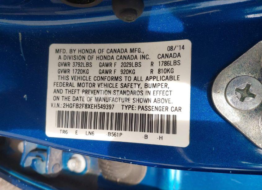 Photo 9 of 2014 Honda Civic EX (VIN 2HGFB2F8XEH549397)
