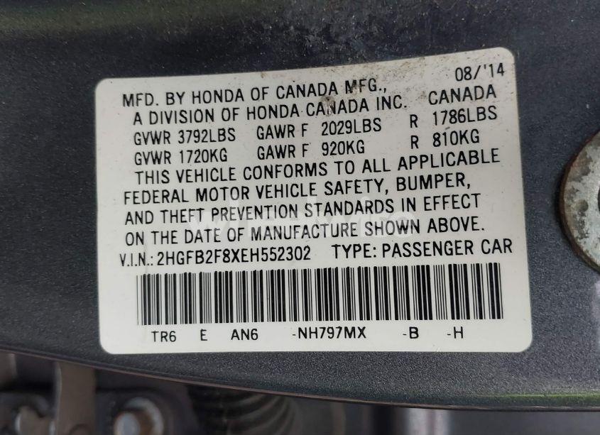 Photo 9 of 2014 Honda Civic EX (VIN 2HGFB2F8XEH552302)