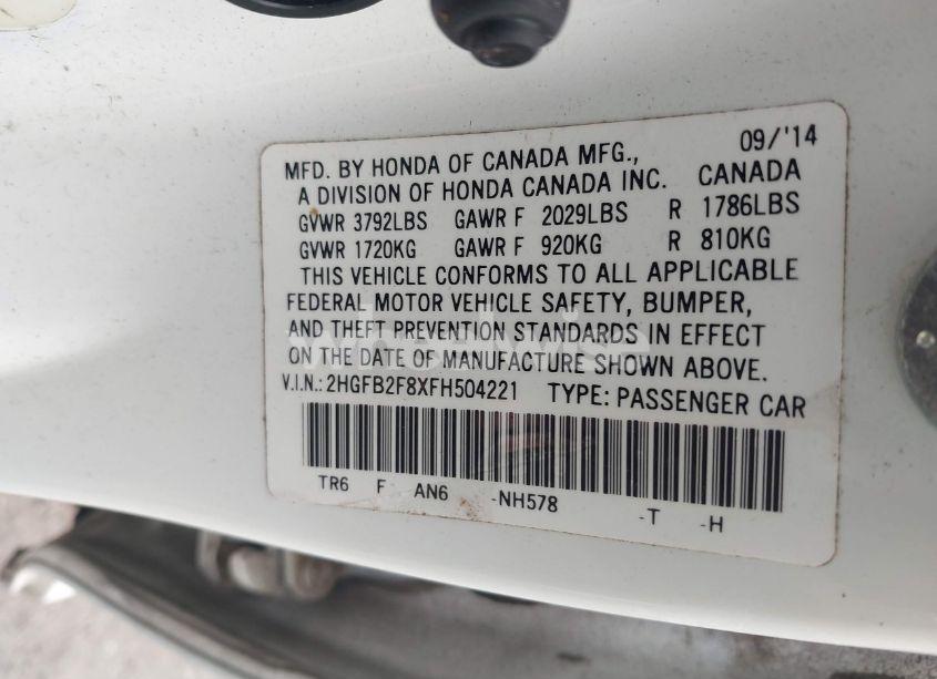 Photo 9 of 2015 Honda Civic EX (VIN 2HGFB2F8XFH504221)