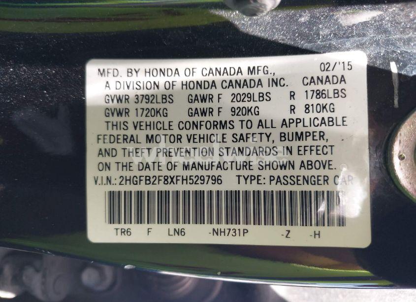 Photo 9 of 2015 Honda Civic EX (VIN 2HGFB2F8XFH529796)