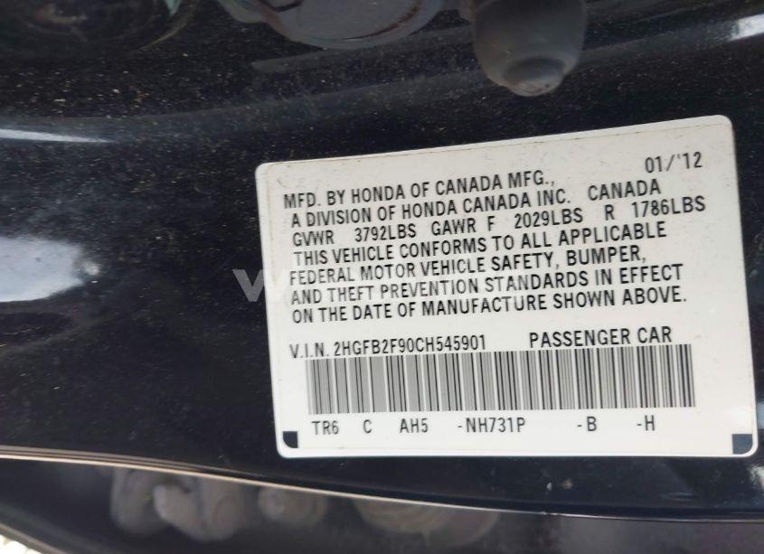 Photo 9 of 2012 Honda Civic EX-L (VIN 2HGFB2F90CH545901)