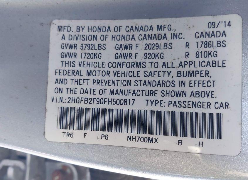 Photo 9 of 2015 Honda Civic EX-L (VIN 2HGFB2F90FH500817)