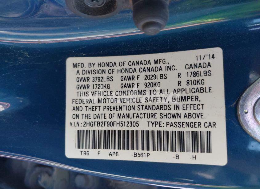 Photo 9 of 2015 Honda Civic EX-L (VIN 2HGFB2F90FH512305)