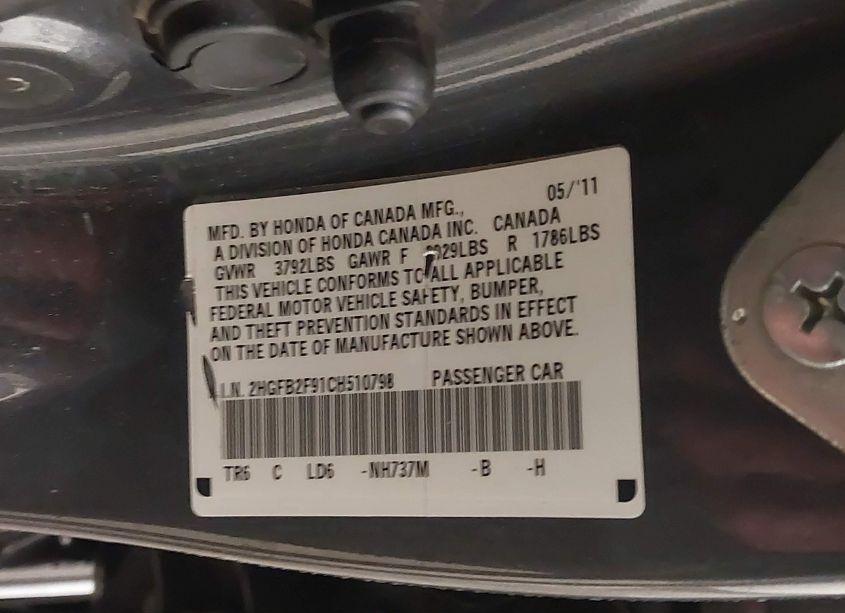 Photo 9 of 2012 Honda Civic EX-L (VIN 2HGFB2F91CH510798)