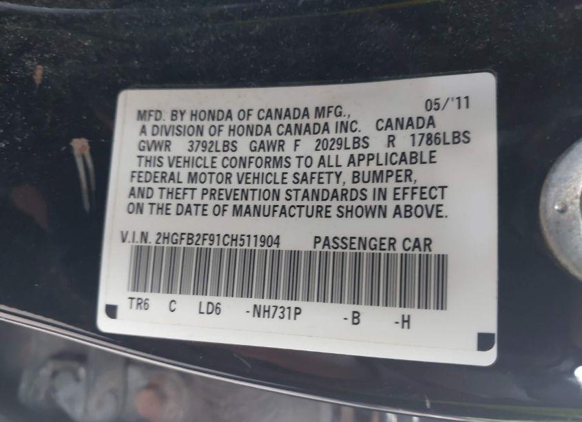 Photo 9 of 2012 Honda Civic EX-L (VIN 2HGFB2F91CH511904)