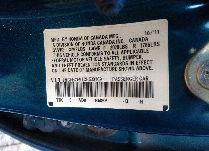 Photo 9 of 2012 Honda Civic SDN EX-L (VIN 2HGFB2F91CH533109)