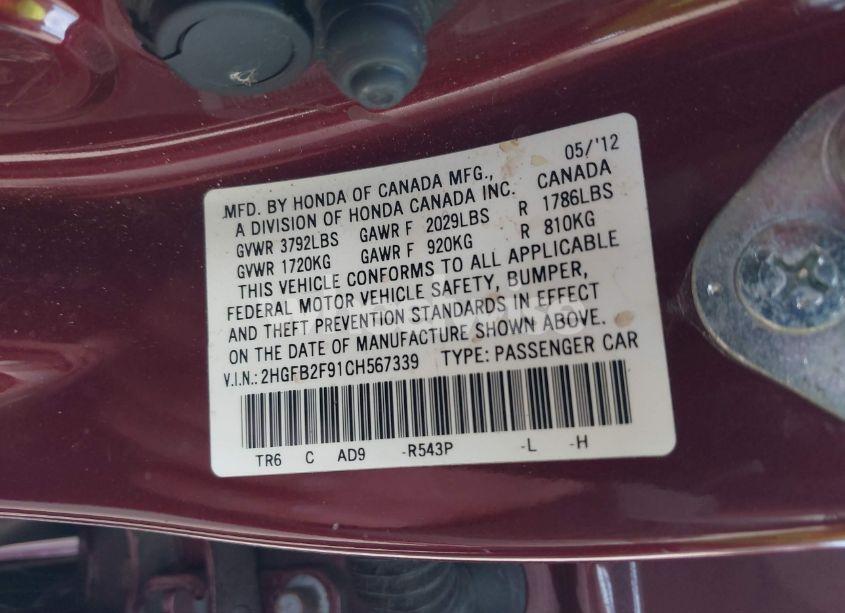 Photo 9 of 2012 Honda Civic SDN EX-L (VIN 2HGFB2F91CH567339)