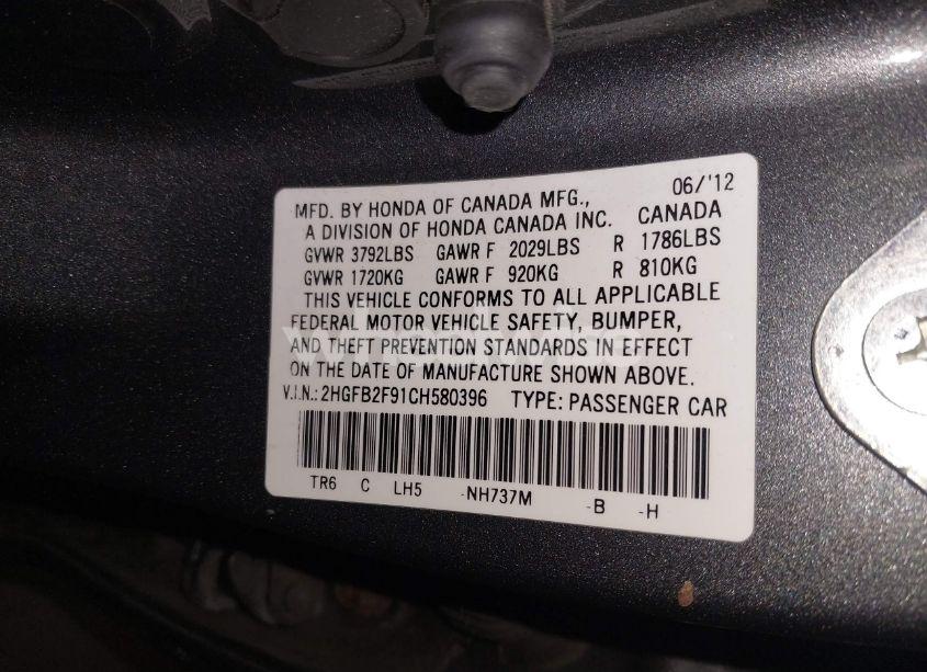 Photo 9 of 2012 Honda Civic SDN EX-L (VIN 2HGFB2F91CH580396)