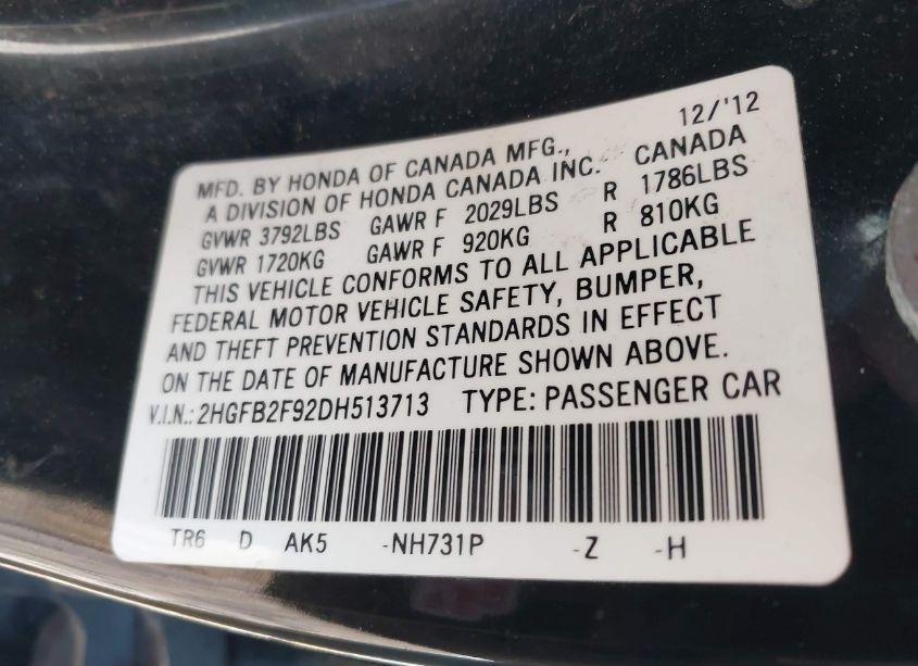 Photo 9 of 2013 Honda Civic EX-L (VIN 2HGFB2F92DH513713)