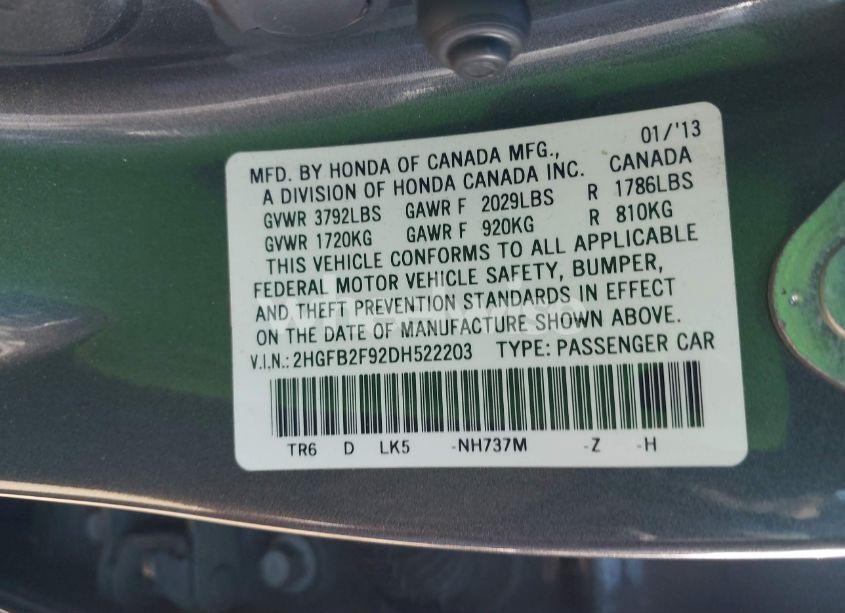 Photo 9 of 2013 Honda Civic EX-L (VIN 2HGFB2F92DH522203)