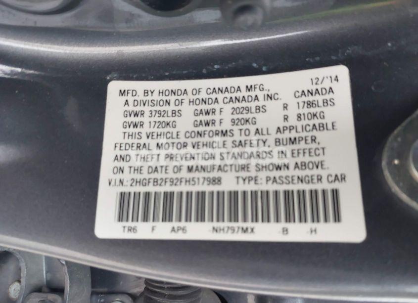 Photo 9 of 2015 Honda Civic EX-L (VIN 2HGFB2F92FH517988)