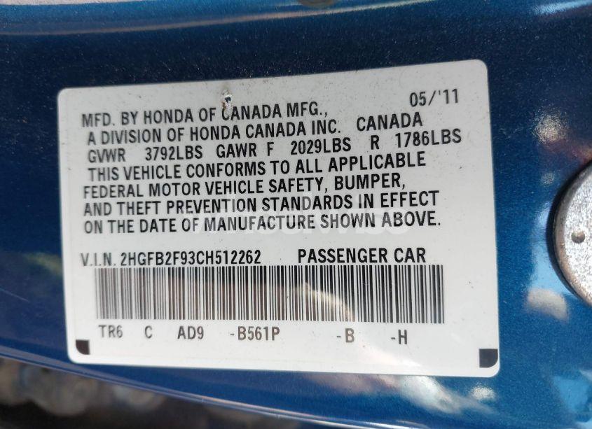 Photo 9 of 2012 Honda Civic SDN EX-L (VIN 2HGFB2F93CH512262)