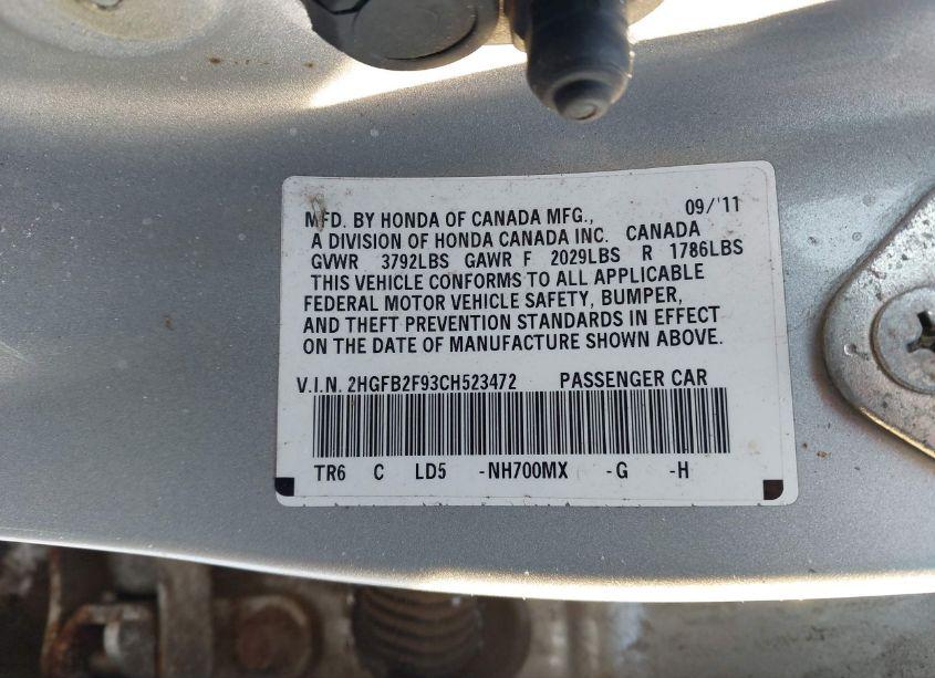 Photo 9 of 2012 Honda Civic SDN EX-L (VIN 2HGFB2F93CH523472)