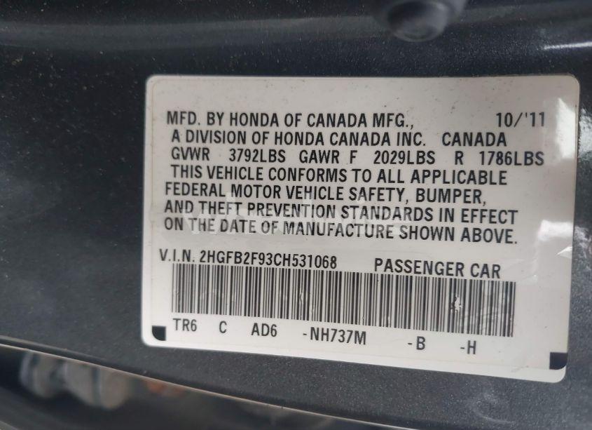 Photo 9 of 2012 Honda Civic EX-L (VIN 2HGFB2F93CH531068)
