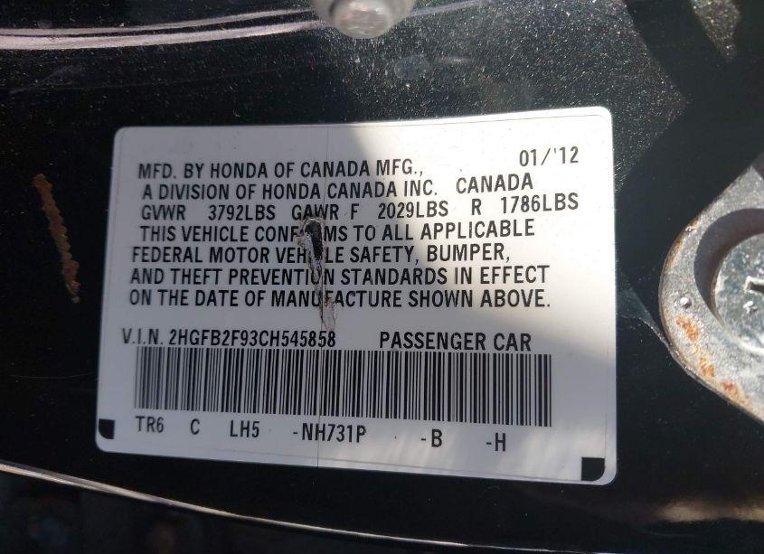 Photo 9 of 2012 Honda Civic SDN (VIN 2HGFB2F93CH545858)