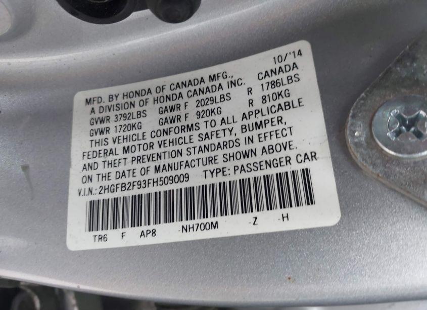 Photo 9 of 2015 Honda Civic EX-L (VIN 2HGFB2F93FH509009)