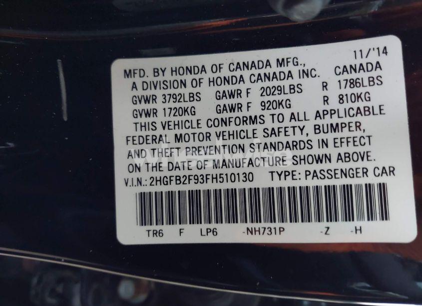 Photo 9 of 2015 Honda Civic EX-L (VIN 2HGFB2F93FH510130)