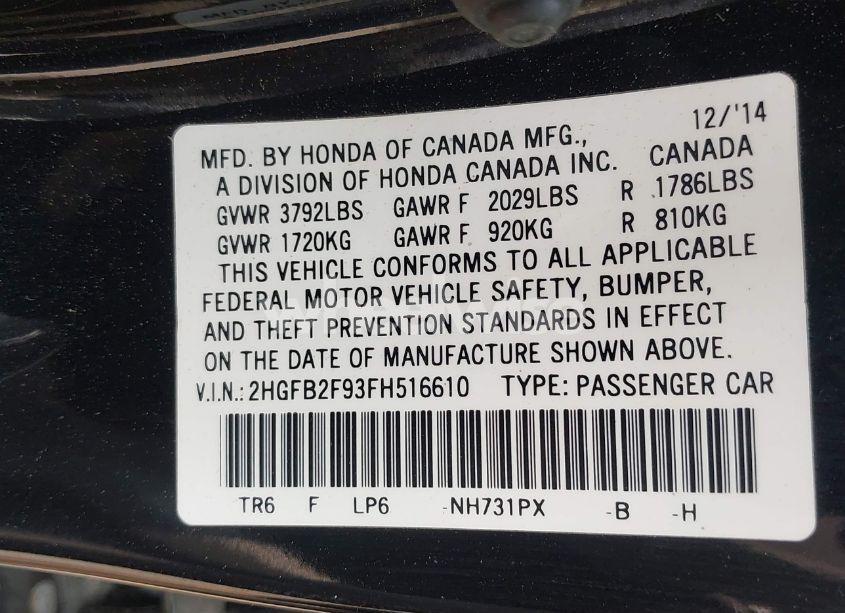 Photo 9 of 2015 Honda Civic EX-L (VIN 2HGFB2F93FH516610)