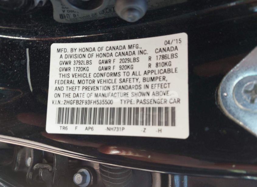 Photo 9 of 2015 Honda Civic EX-L (VIN 2HGFB2F93FH535500)