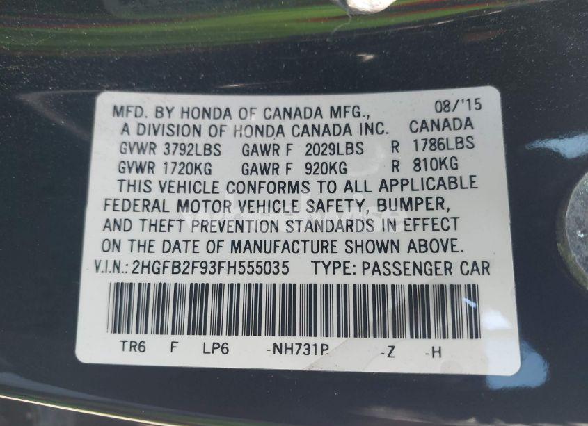 Photo 9 of 2015 Honda Civic EX-L (VIN 2HGFB2F93FH555035)