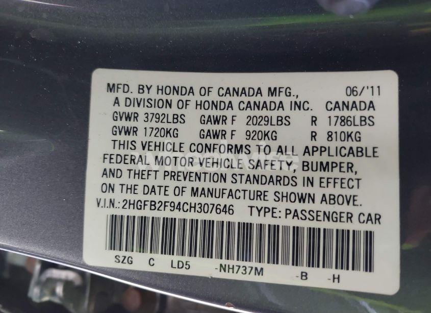 Photo 9 of 2012 Honda Civic EX-L (VIN 2HGFB2F94CH307646)