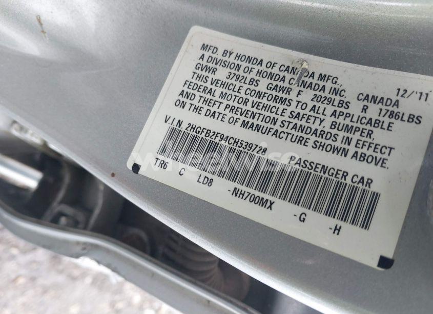 Photo 9 of 2012 Honda Civic SDN EX-L (VIN 2HGFB2F94CH539728)