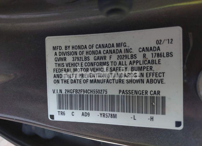 Photo 9 of 2012 Honda Civic EX-L (VIN 2HGFB2F94CH550275)