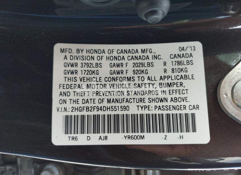 Photo 9 of 2013 Honda Civic EX-L (VIN 2HGFB2F94DH551590)