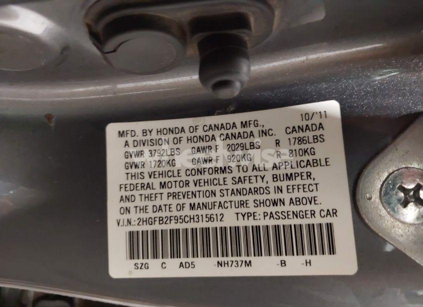 Photo 9 of 2012 Honda Civic EX-L (VIN 2HGFB2F95CH315612)