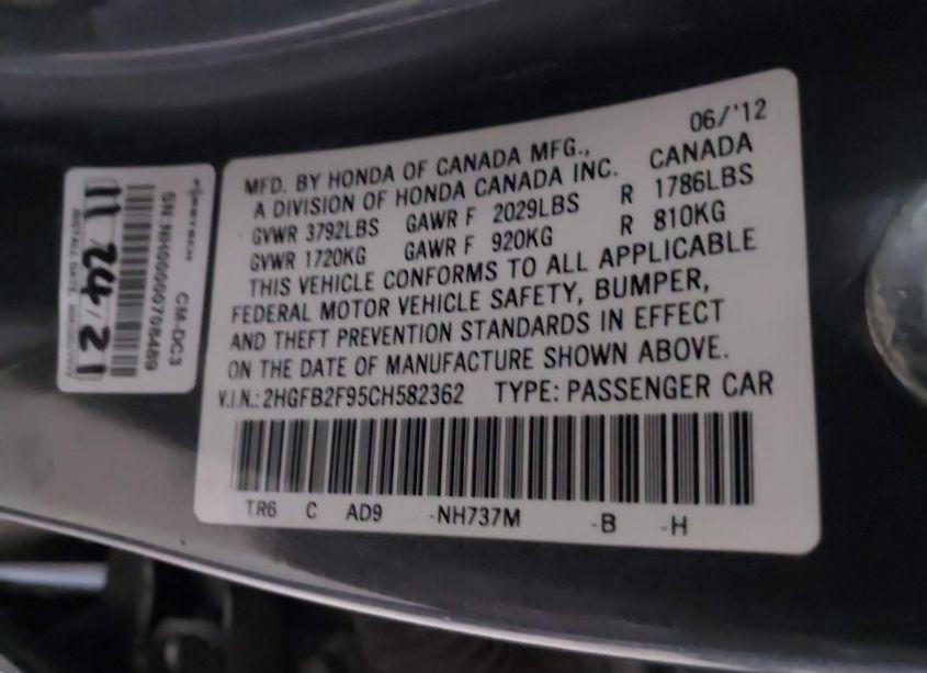 Photo 9 of 2012 Honda Civic SDN EX-L (VIN 2HGFB2F95CH582362)