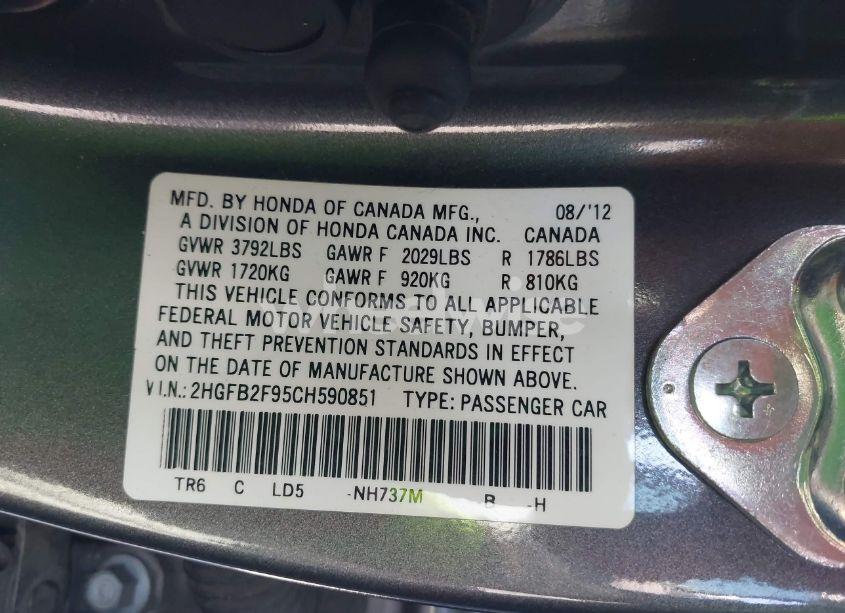 Photo 9 of 2012 Honda Civic EX-L (VIN 2HGFB2F95CH590851)