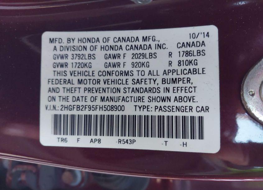 Photo 9 of 2015 Honda Civic EX-L (VIN 2HGFB2F95FH508900)