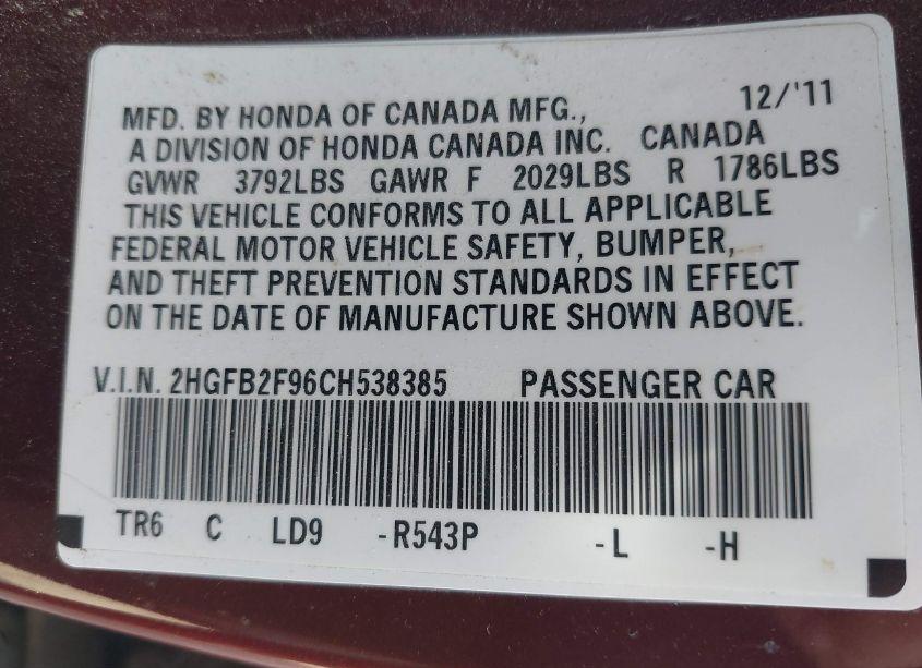 Photo 9 of 2012 Honda Civic EX-L (VIN 2HGFB2F96CH538385)