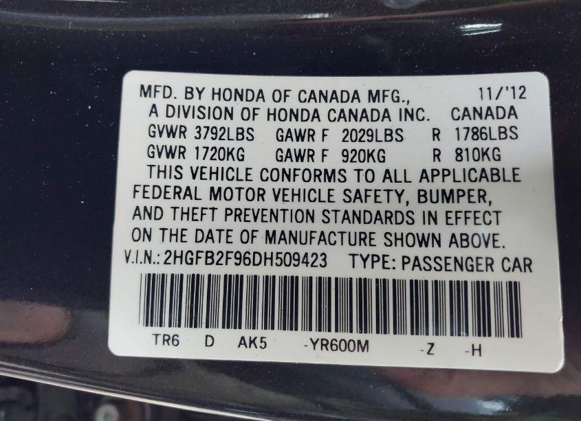 Photo 9 of 2013 Honda Civic EX-L (VIN 2HGFB2F96DH509423)