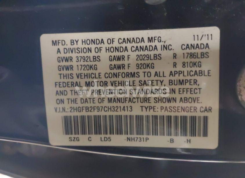 Photo 9 of 2012 Honda Civic EX-L (VIN 2HGFB2F97CH321413)