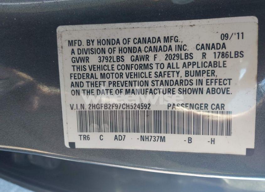 Photo 9 of 2012 Honda Civic SDN EX-L (VIN 2HGFB2F97CH524592)