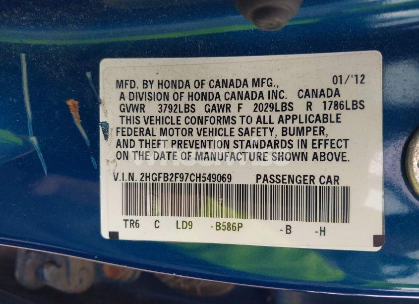 Photo 9 of 2012 Honda Civic EX-L (VIN 2HGFB2F97CH549069)