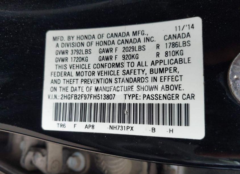 Photo 9 of 2015 Honda Civic EX-L (VIN 2HGFB2F97FH513807)