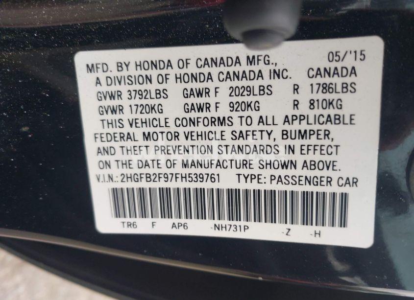 Photo 9 of 2015 Honda Civic EX-L (VIN 2HGFB2F97FH539761)