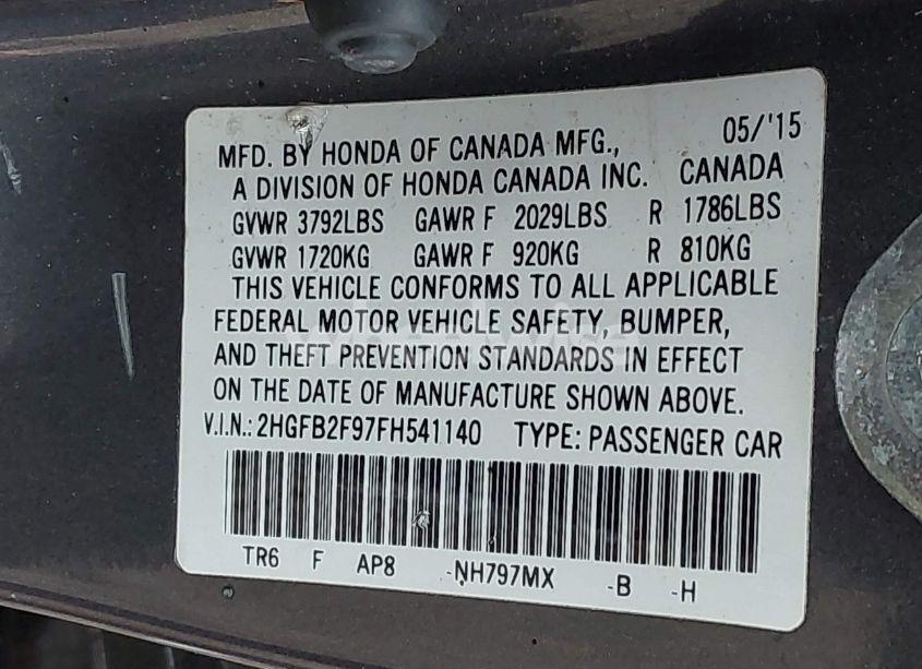 Photo 9 of 2015 Honda Civic EX-L (VIN 2HGFB2F97FH541140)